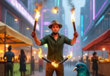 The Best Apps and Tools to Help You Plan Your Next Big Trip sci-fi-market-chaos-2025.jpg: Blurry sci-fi market, torch juggler, sassy pigeon.