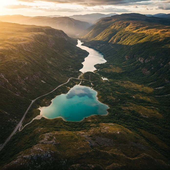 Aerial view of turquoise lake and mountains.