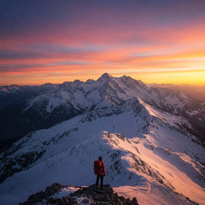 Sunrise mountain panorama with hiker.
