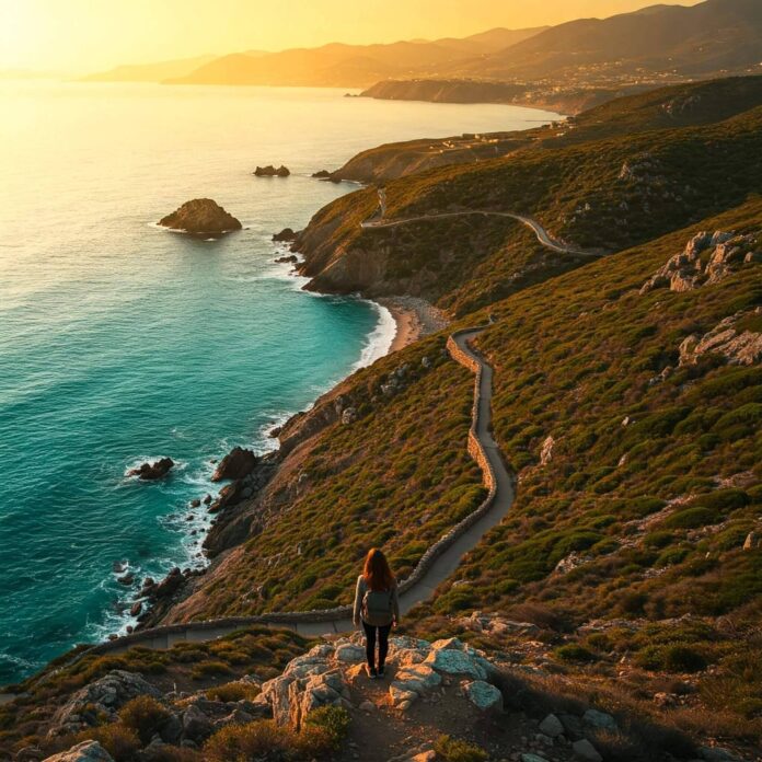Solo traveler overlooking turquoise ocean.