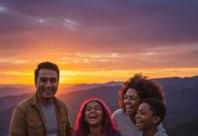 How to Plan the Perfect Family Vacation Without Breaking the Bank A diverse family enjoys a vibrant sunset view, laughing together.