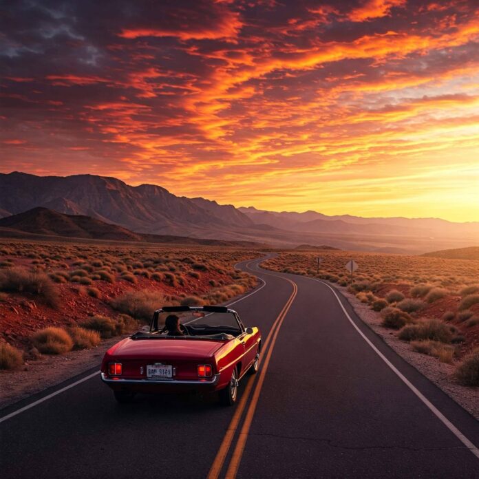 Sunset drive on winding mountain road.