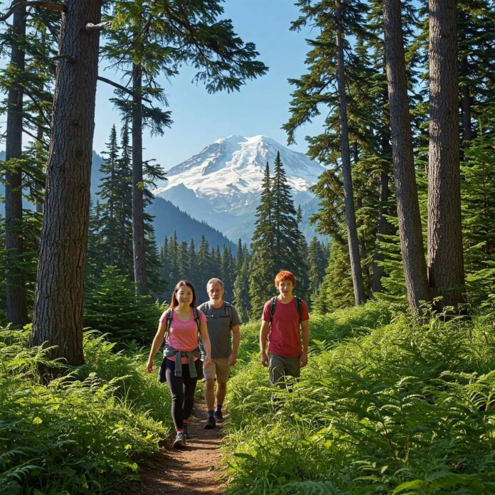 Diverse beginner hikers on forest trail.