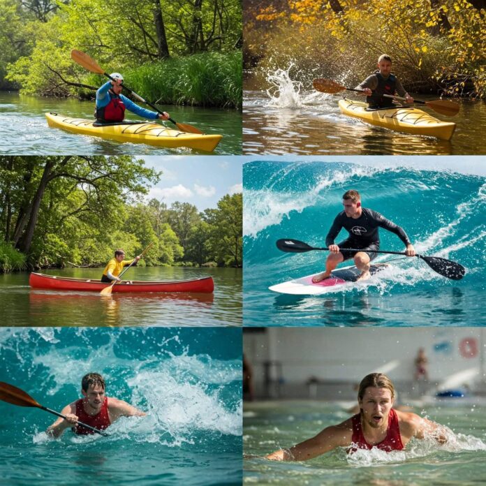 Water sports through seasons: kayaking, surfing, canoeing, swimming.