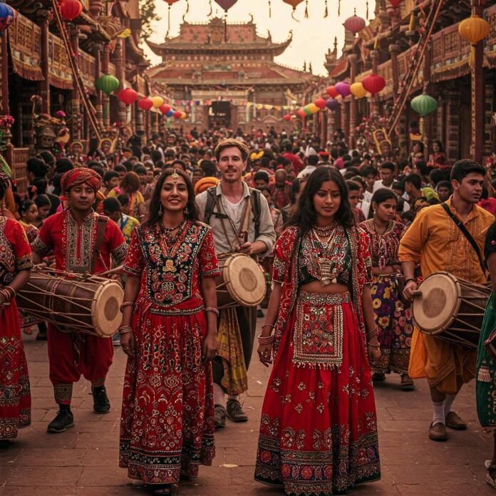 Vibrant cultural festival with diverse travelers