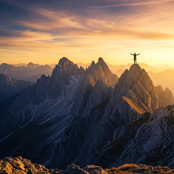 Lone climber on mountain peak at golden hour.