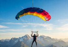 Top Extreme Sports Destinations for Thrill-Seekers in 2025 "A skydiver with a colorful parachute soars through a vibrant blue sky above a rugged mountain range, capturing the exhilarating and awe-inspiring thrill of extreme sports."