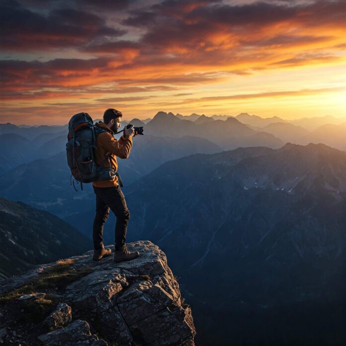 A hiker on a cliff edge holds a camera, capturing the vast mountain range under a dramatic sunset sky filled with warm orange