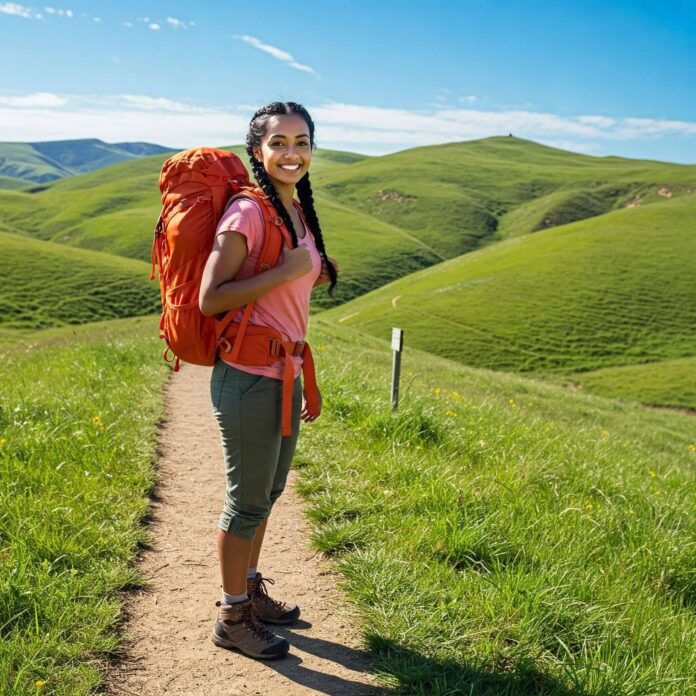 "Beginner hiker on scenic trail"