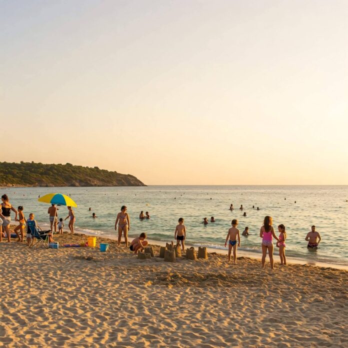 Family beach fun: Golden hour, calm waters & happy families.