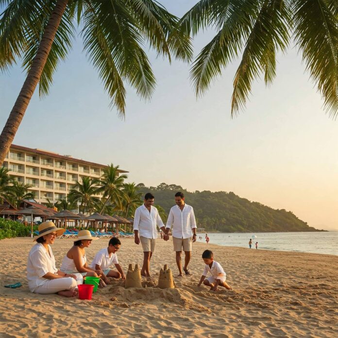 Beach resort with diverse travelers.